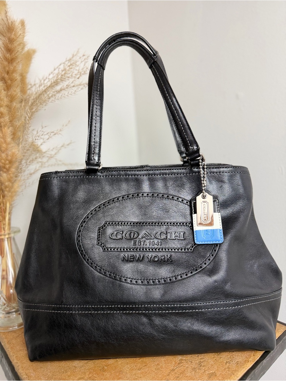 Coach Black Leather Shoulder Bag with Silver & Blue Tag